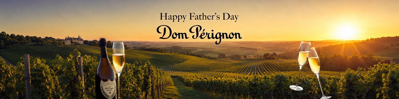 Happy Father’s Day Dom Pérignon mobile image featuring a champagne bottle and three sparkling flutes overlooking a vineyard at golden sunset.