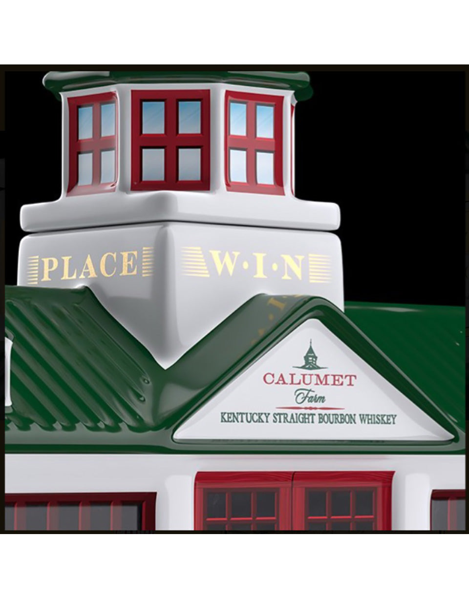 Model of a building with 'Calumet Farm Kentucky Straight Bourbon Whiskey' branding on a white background.