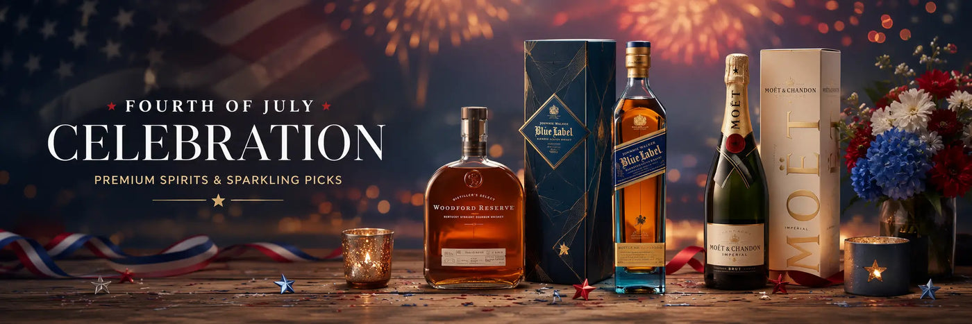 Fourth of July celebration banner featuring premium bourbon, whisky, champagne, fireworks and patriotic décor.