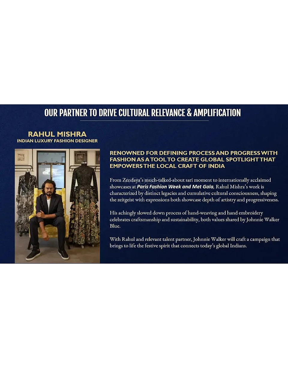Promotional graphic for fashion designer Rahul Mishra with text about cultural relevance and amplification.