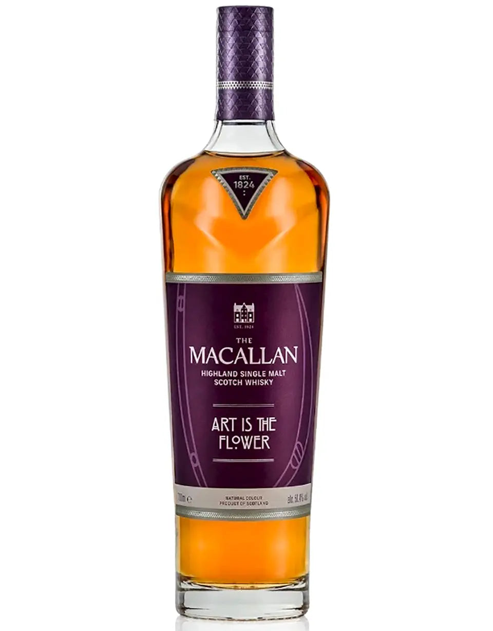 Macallan whisky bottle with purple label on a white background