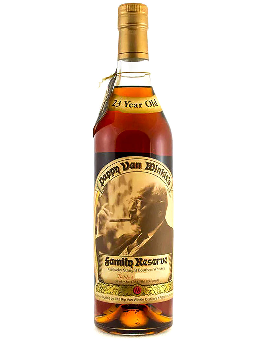 Bottle of Pappy Van Winkle's Family Reserve bourbon whiskey on a white background