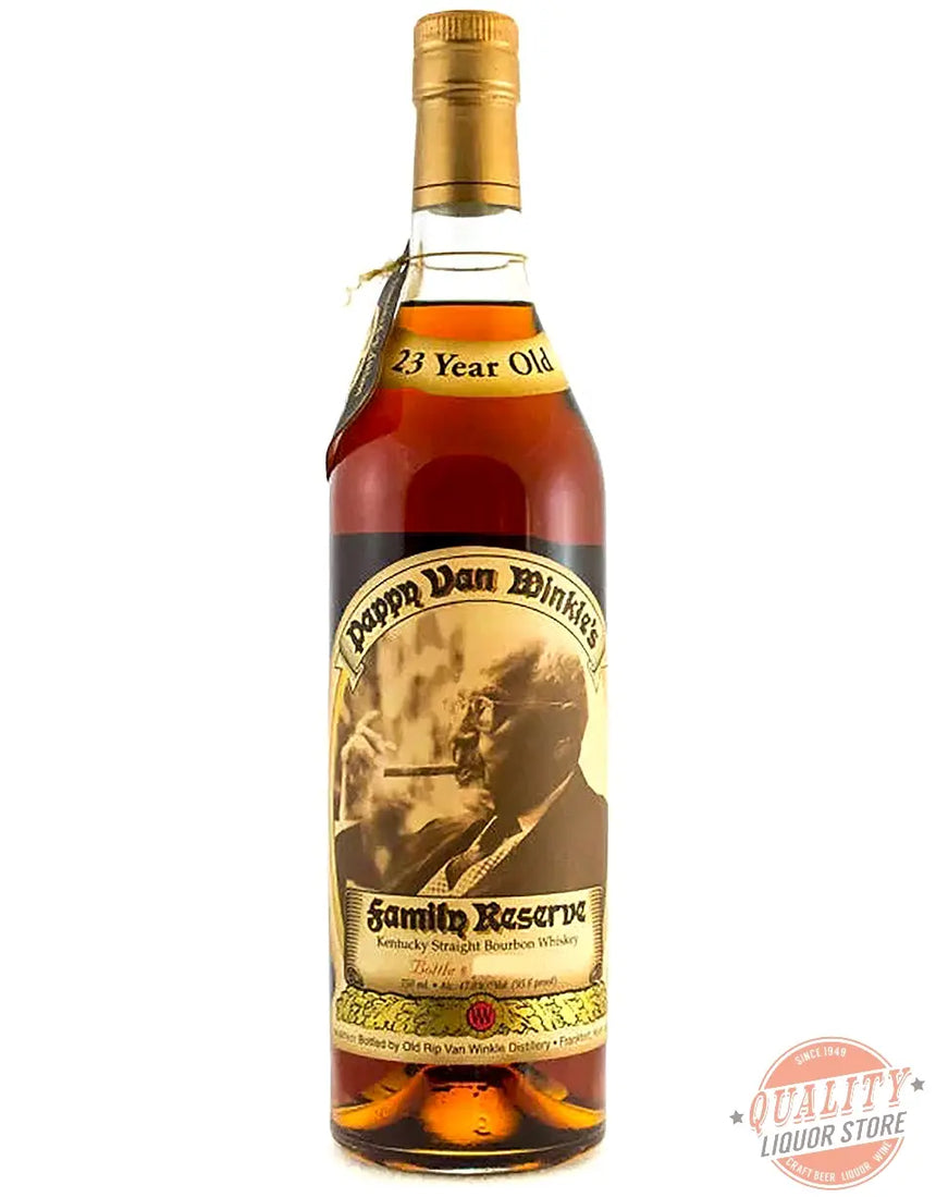 Bottle of Pappy Van Winkle's Family Reserve bourbon whiskey on a white background