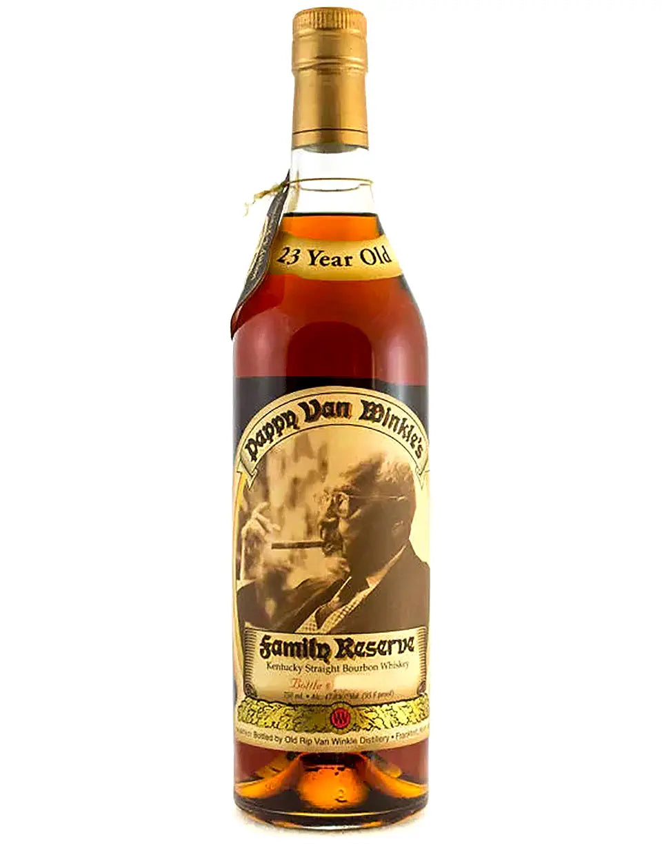 Bottle of Pappy Van Winkle's Family Reserve bourbon whiskey on a white background