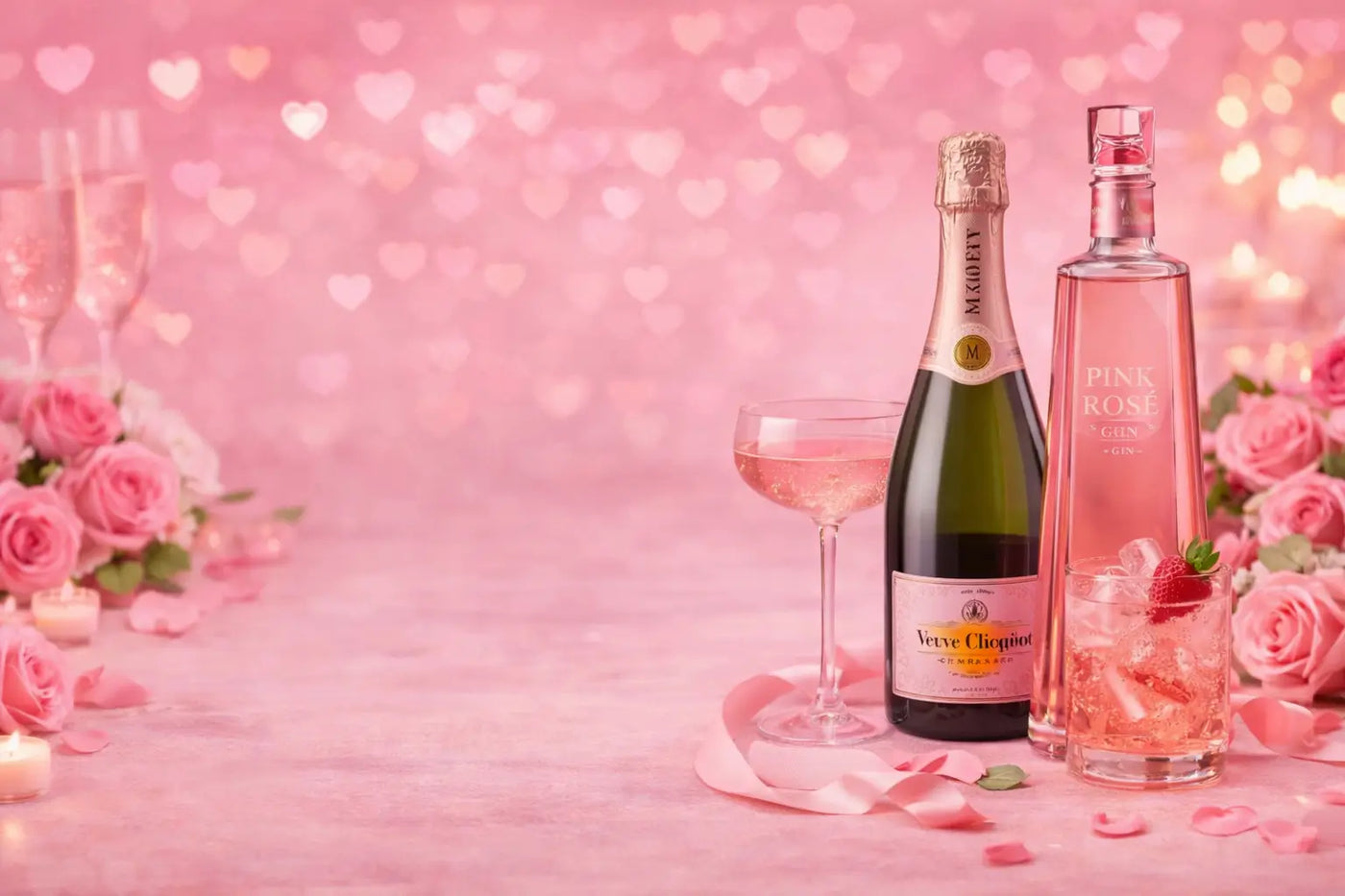 Valentine’s Day promotion banner with pink roses, heart-shaped lights, and champagne and rosé bottles on a soft pink background.