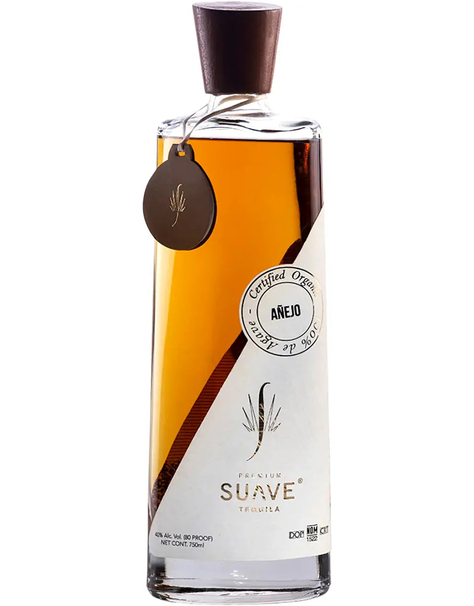 Tequila bottle labeled 'Suave' with a white label and brown cap on a white background