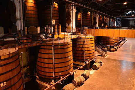 Aged brandy in a glass beside oak barrels