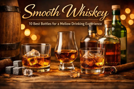 Smooth Whiskey blog header image showing three glasses of amber whiskey (neat and on the rocks) on a rustic wooden bar with bottles in the background and the text “Smooth Whiskey: 10 Best Bottles for a Mellow Drinking Experience”.