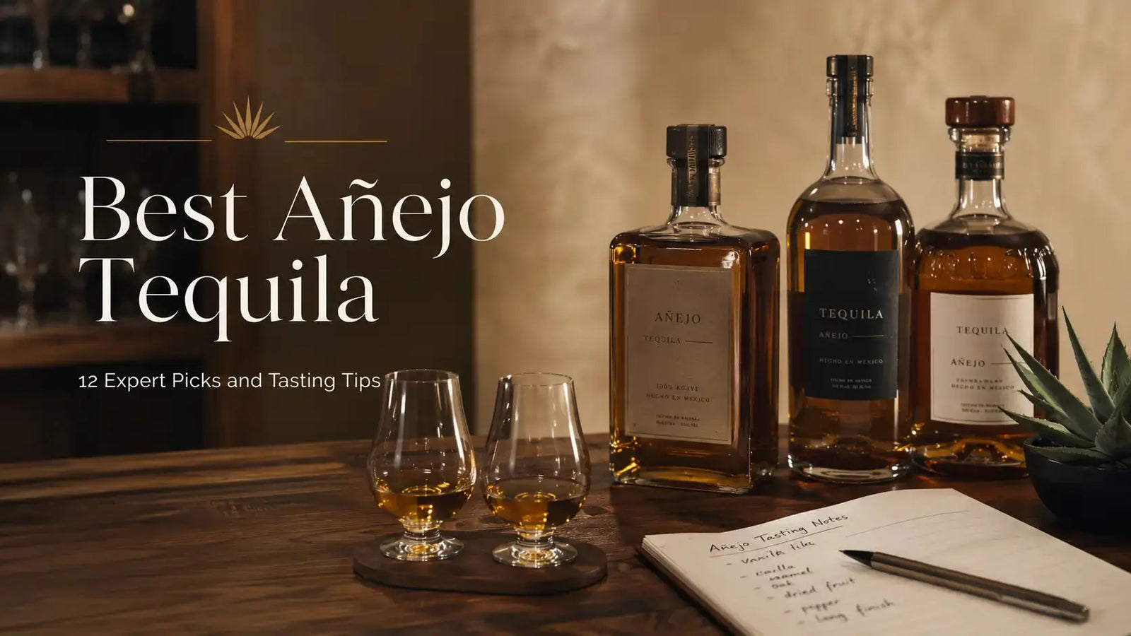 Three bottles of añejo tequila with tasting glasses and handwritten tasting notes on a wooden table