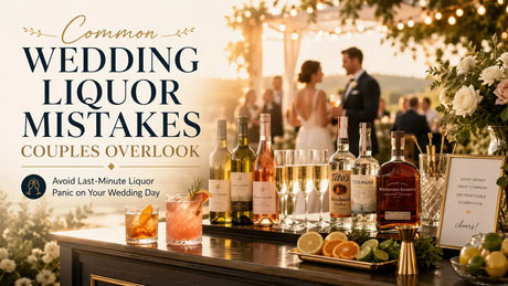 Elegant outdoor wedding bar at golden hour with champagne, wine, cocktails, premium spirits, citrus garnishes, and a bride and groom in the background.