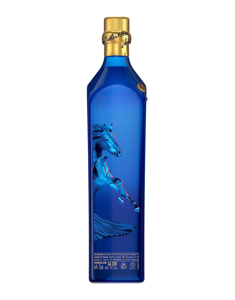Blue bottle with a gold cap featuring a horse design on a white background