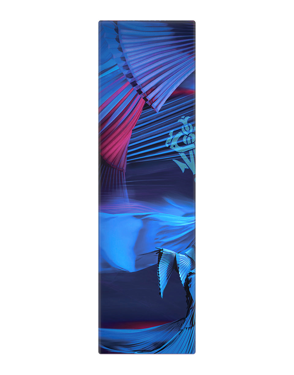 Yoga mat with colorful leaf design on a white background