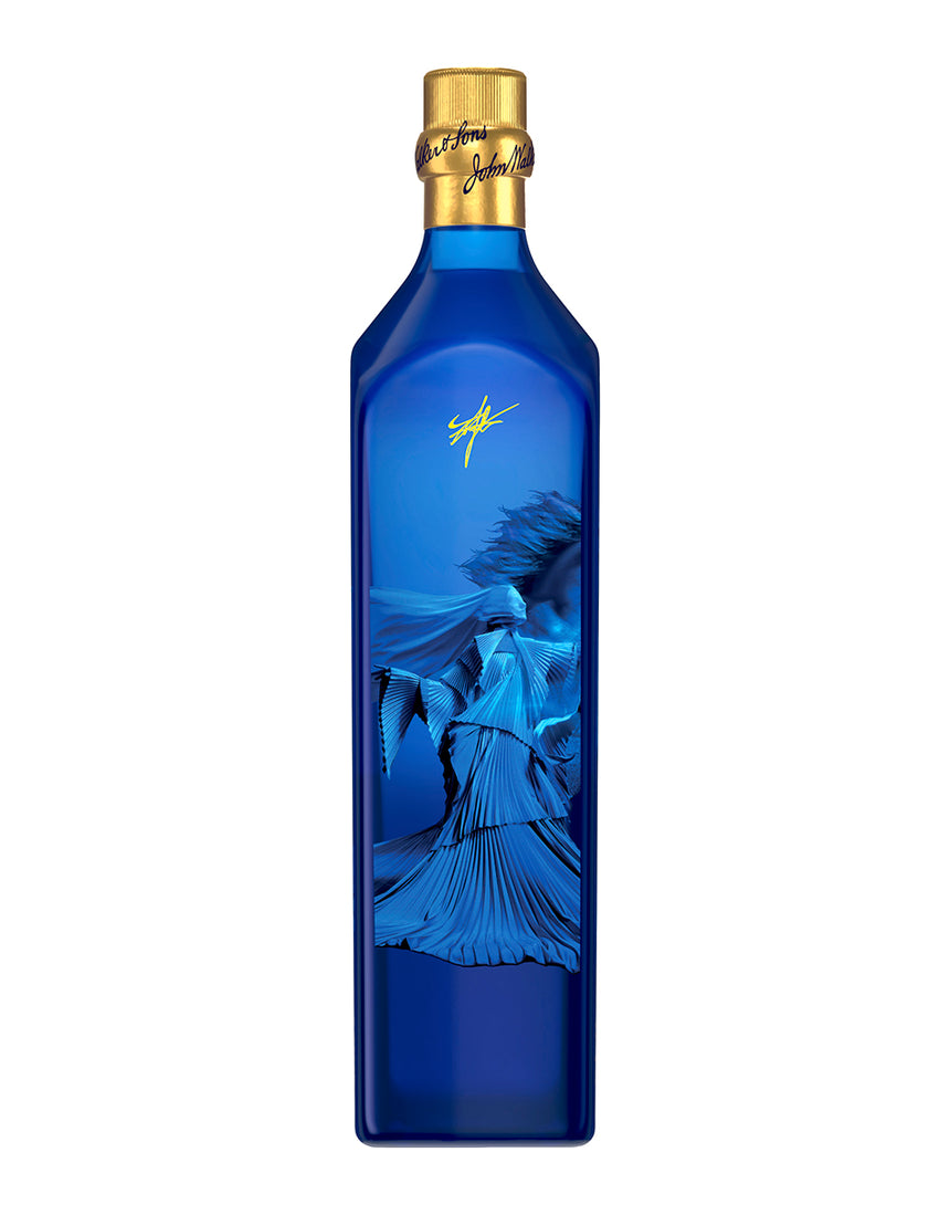 Blue bottle with gold cap on a white background