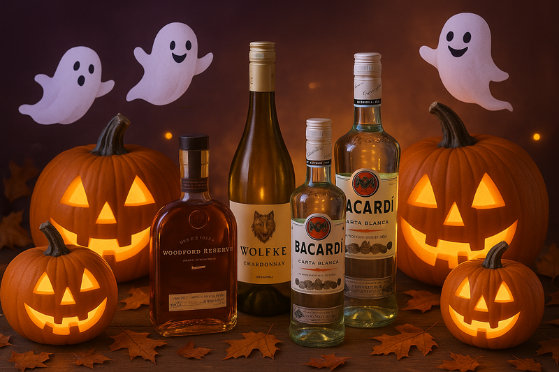 a halloween image with pumpkins and ghosts, a light picture with a spooky feel and have bottles in it
