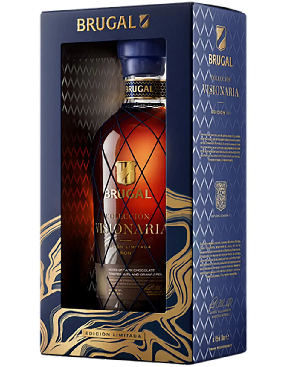 Brugal rum bottle in a decorative box with blue and gold design
