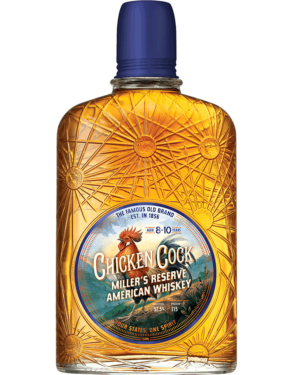 Bottle of Chicken Cockerl Miller's Reserve American Whiskey with a blue cap on a white background