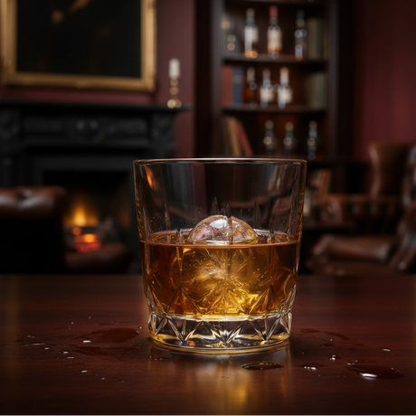Glass of whiskey with ice on a bar counter in a dimly lit bar.