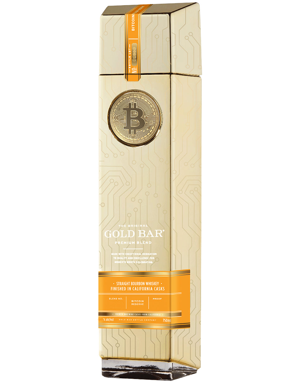 Gold bar packaging with Bitcoin symbol on a white background
