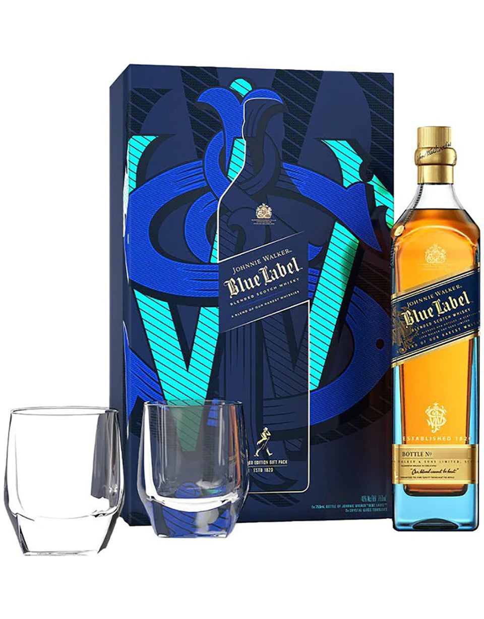 Johnnie Walker Black w/2 Glass Gift Set Blended Scotch Whisky :: Whiskey