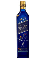 Johnnie Walker Blue Label bottle with floral design on a white background