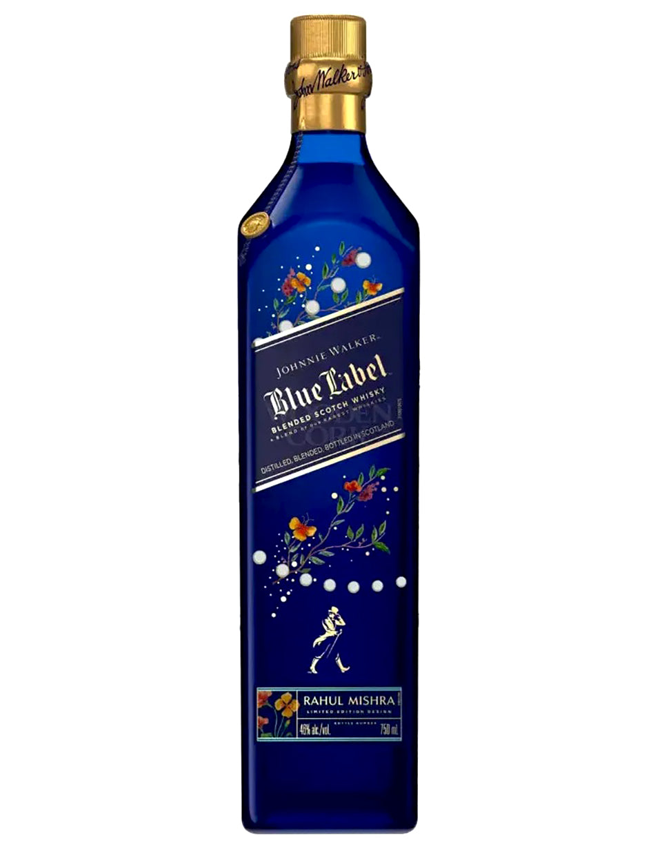 Johnnie Walker Blue Label bottle with floral design on a white background