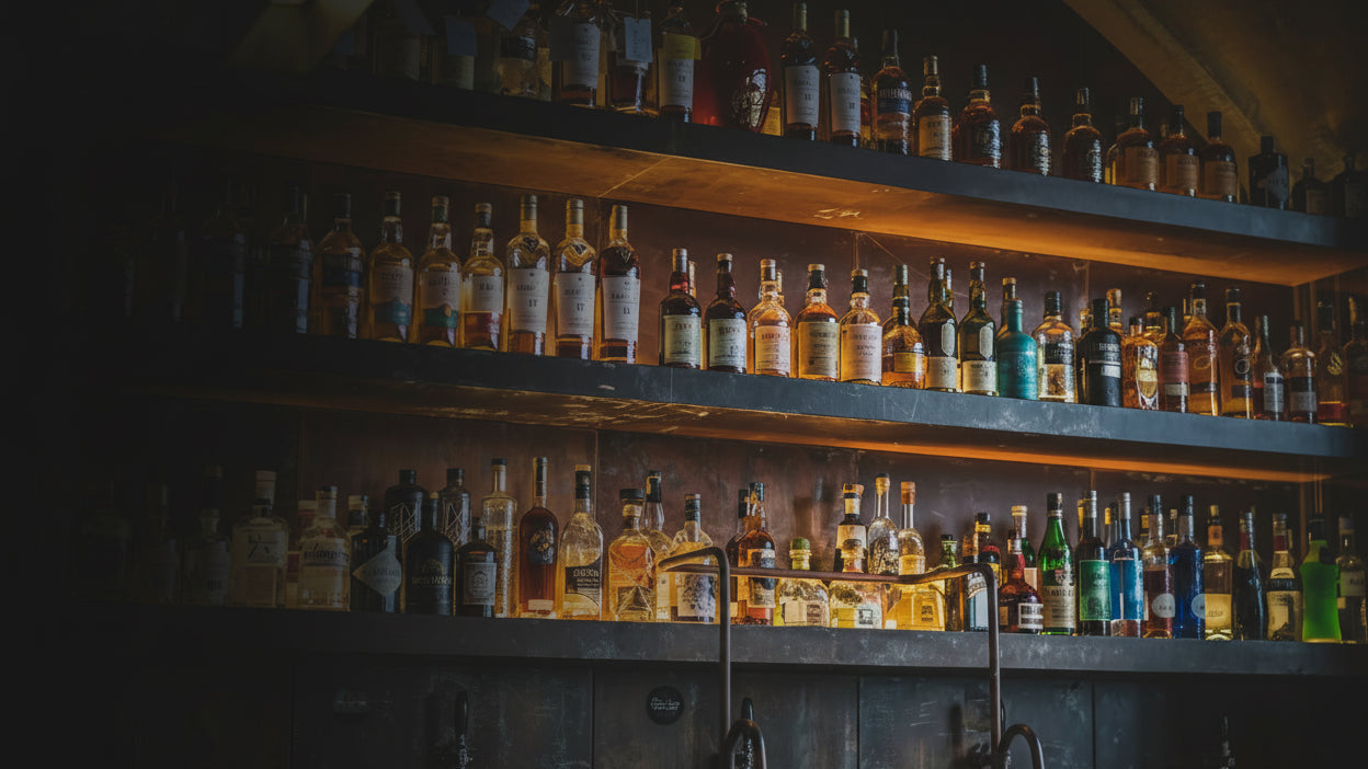 Bar shelves stocked with various bottles of alcohol in a dimly lit bar.